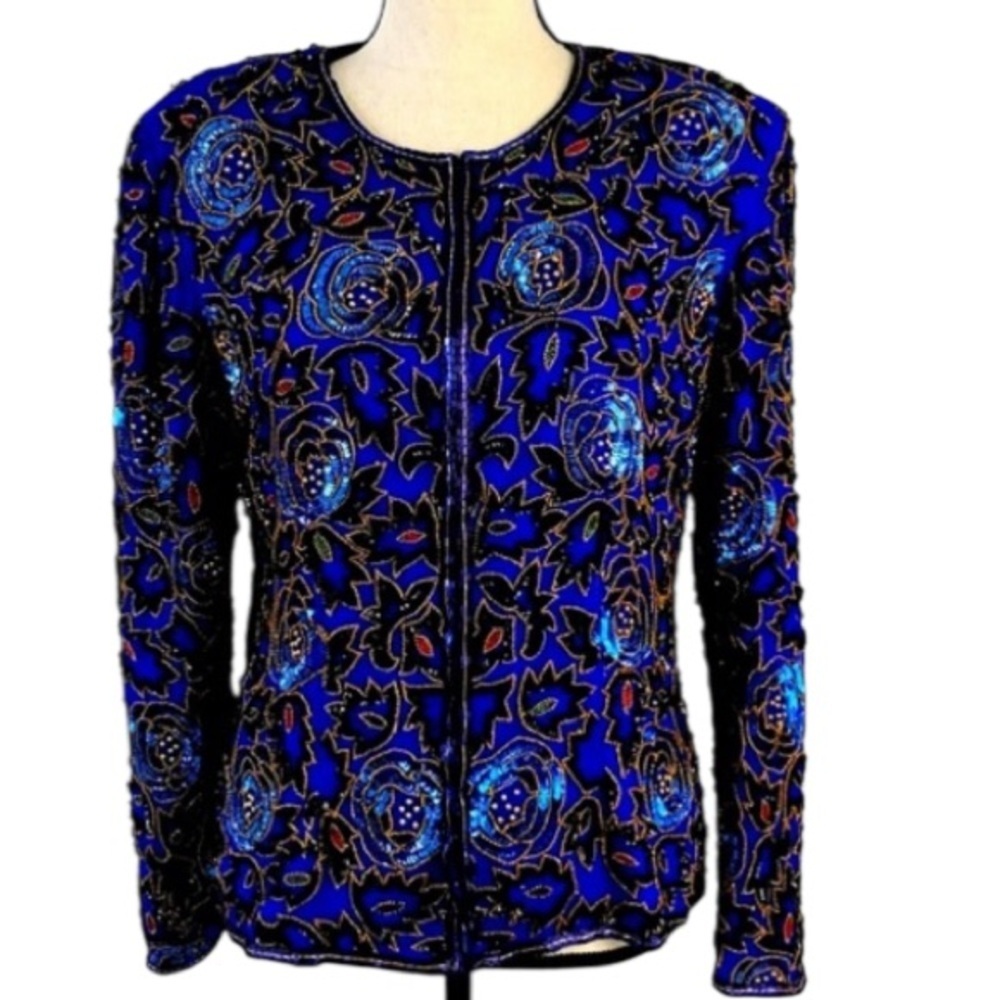 Vintage Stenay Royal Blue Beaded Floral Silk Jacket Sz L Women
